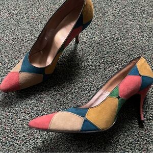 VINTAGE Suede Leather Colorful Check Patchwork Pattern Unique Shoes Pumps Heels